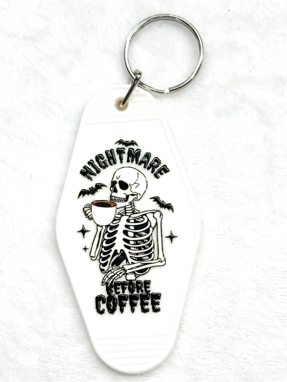 White Nightmare Before Coffee Skeleton Halloween Motel Keychain Retro Spooky